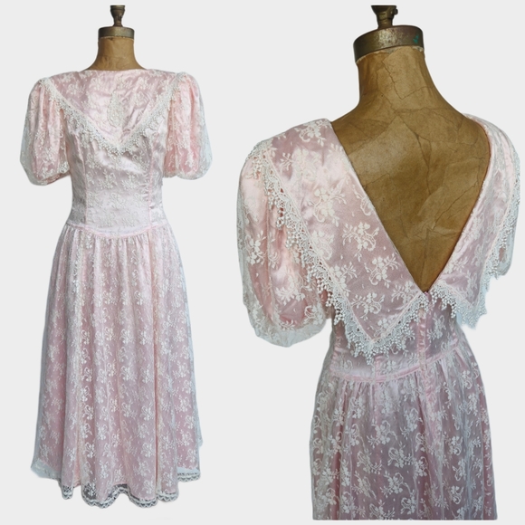 Gunne Sax | Dresses | Vintage Gunne Sax Pink Lace Overlay Puff Sleeve ...